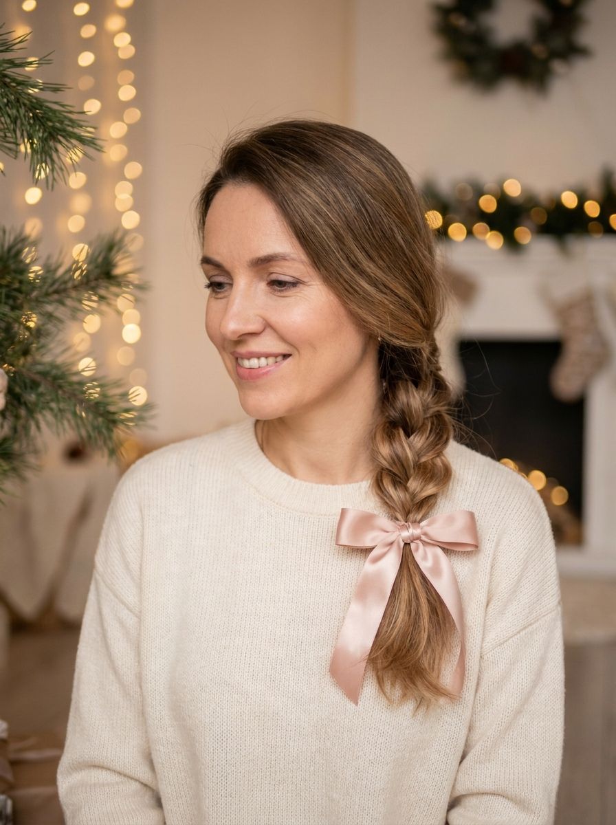 Geflochtener tiefer Zopf mit Satinband - Weihnachtsfrisuren